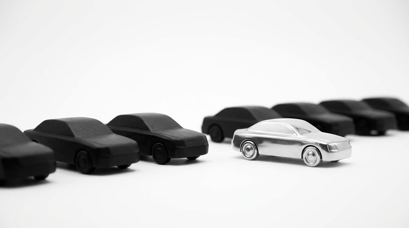 A row of black toy cars with one silver car ahead of the pack