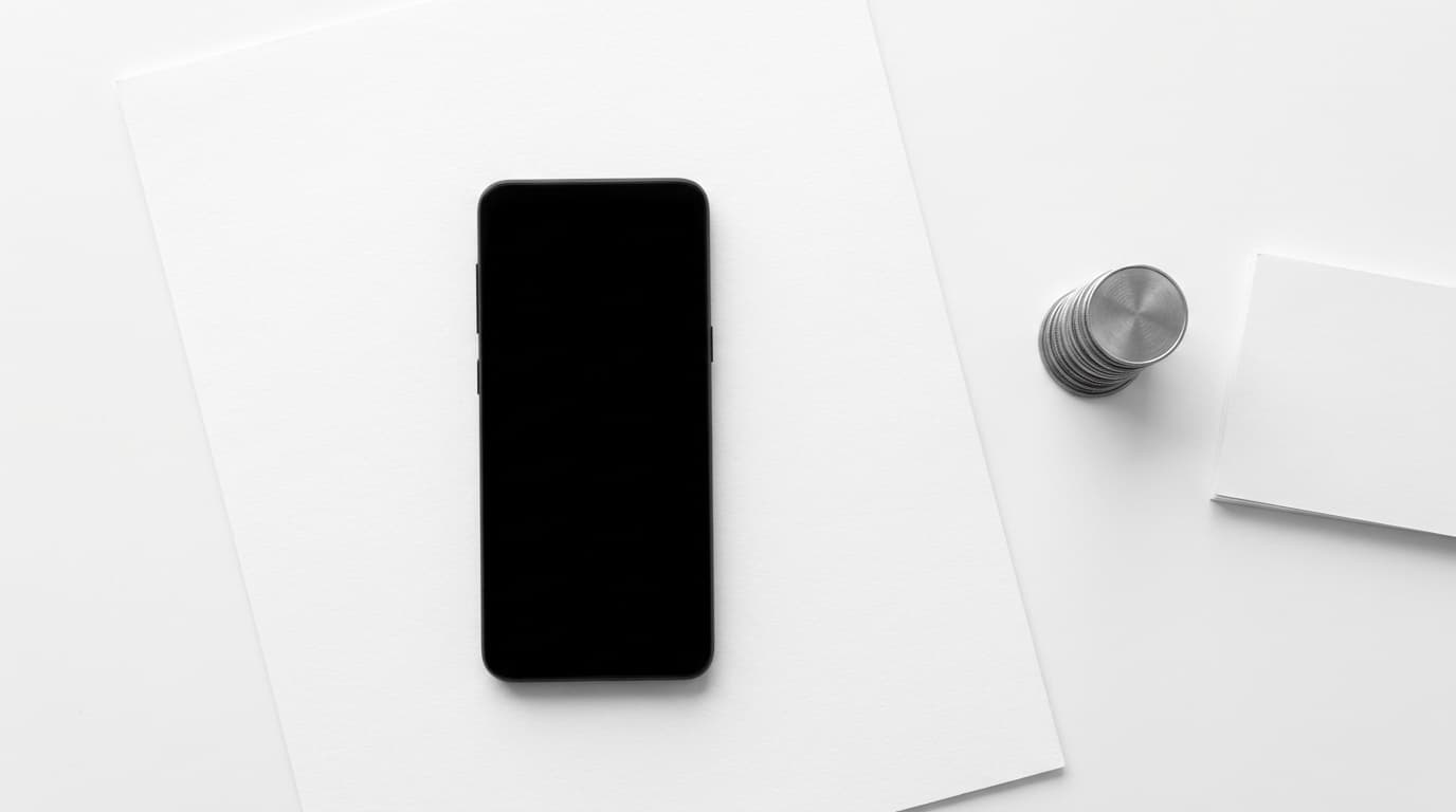 A phone, a stack of coins, and index cards on white