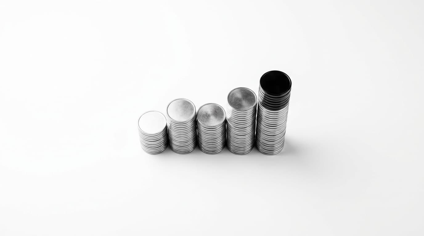 Stacks of silver coins of different heights on white, arranged like a bar chart