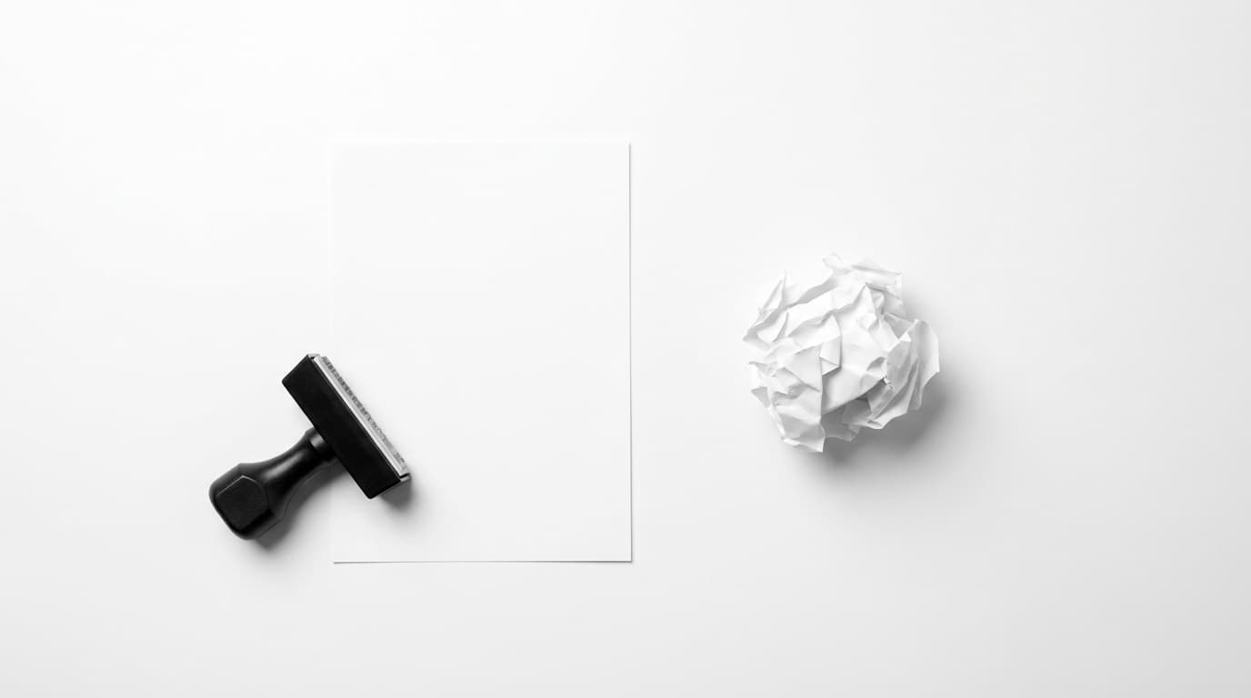 A form on white paper next to a rubber stamp and a crumpled rejected sheet